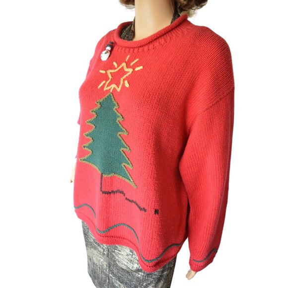 Vintage 90s Christmas Tree Holiday Knit Sweater Snowman Pin Womens Estimated M/L - Picture 2 of 9